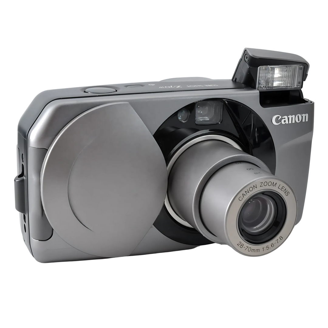 Side-angle studio shot of Canon Z70W with extended lens ring and partially covered protective cap