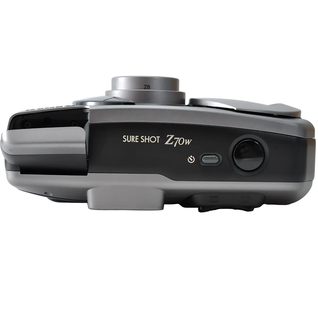 Canon Sure Shot Z70W black silver side profile with gold lettering and extended zoom lens at ClubCamera.com