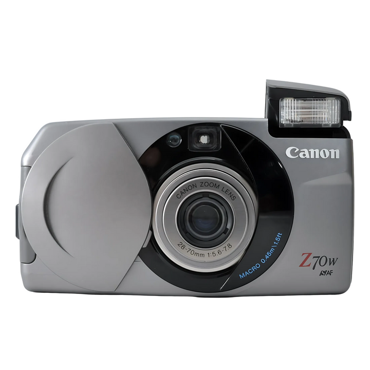 Canon Sure Shot Z70W front shot with raised pop-up flash and partially open lens cover on white background