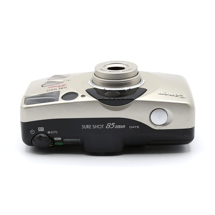 Front angled shot of Canon Sure Shot 85 Zoom Date highlighting 38-85mm lens ring and branding at ClubCamera.com