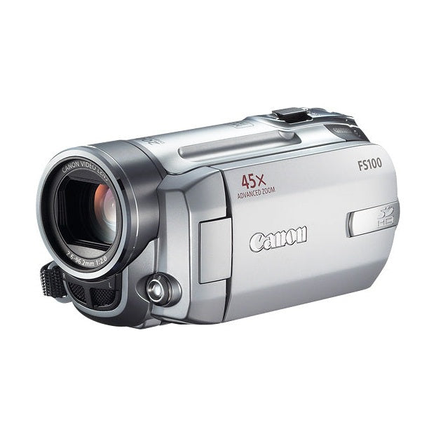 ClubCamera.com silver and black Canon VIXIA FS100 camcorder with 45x advanced zoom and HD video lens