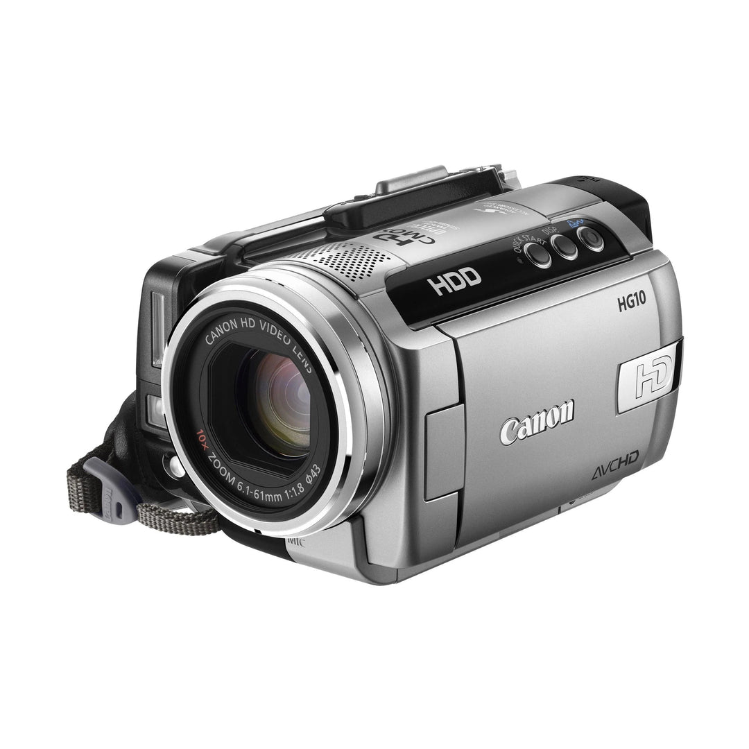 Silver Canon VIXIA HG10 HD camcorder with brushed metal finish and 10x zoom lens at ClubCamera.com