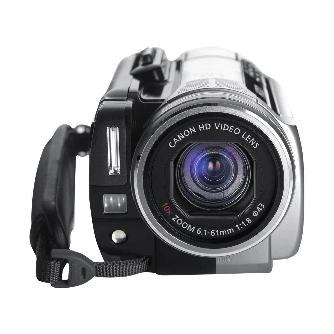 Front view of black Canon VIXIA HG10 HD camcorder with silver accents and built-in flash at ClubCamera.com