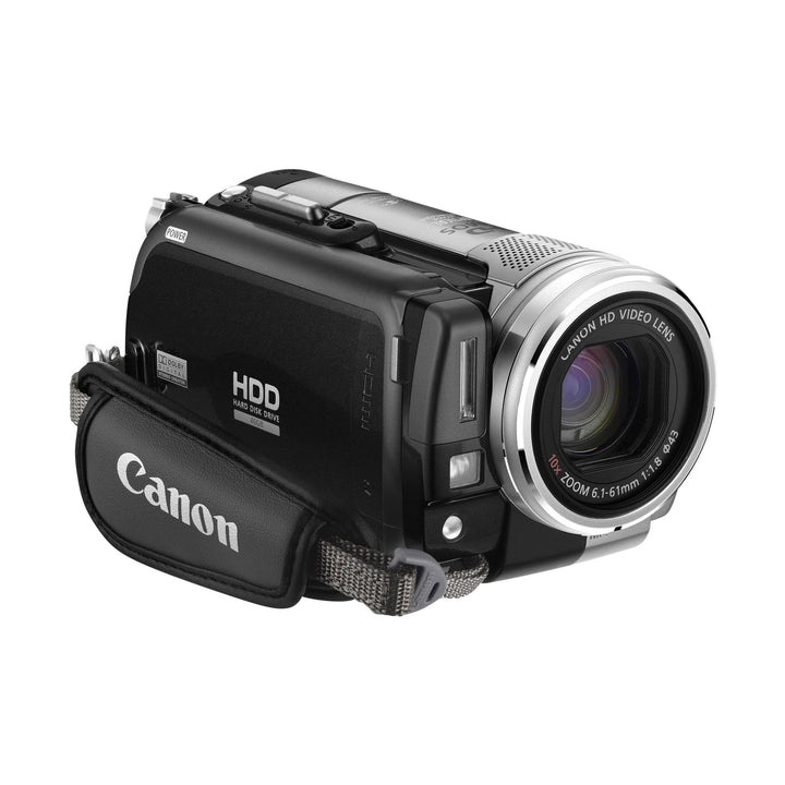 Black Canon VIXIA HG10 hard disk drive camcorder side view with leather wrist strap from ClubCamera.com