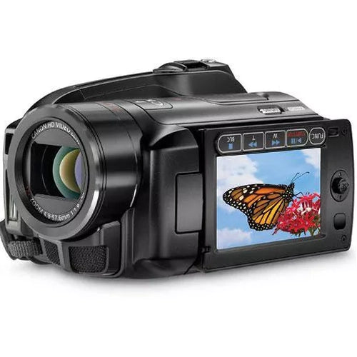 ClubCamera.com Canon VIXIA HG20 camcorder angled rear view with upward LCD screen and control buttons
