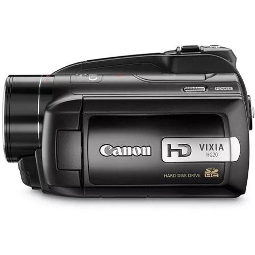 ClubCamera.com black Canon VIXIA HG20 side profile with lens red ring and hard disk drive badge