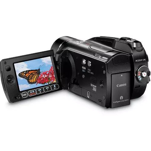 ClubCamera.com Canon VIXIA HG20 HD camcorder rear view with flip-out LCD showing butterfly photo