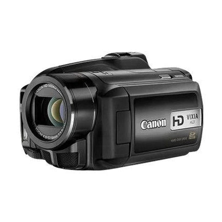 ClubCamera.com Canon VIXIA HG21 HD camcorder front-three-quarter view with CANON HD VIDEO LENS and glossy black finish