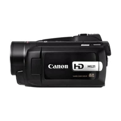 ClubCamera.com side profile of black Canon VIXIA HG21 camcorder highlighting rear HARD DISK DRIVE label and silver branding