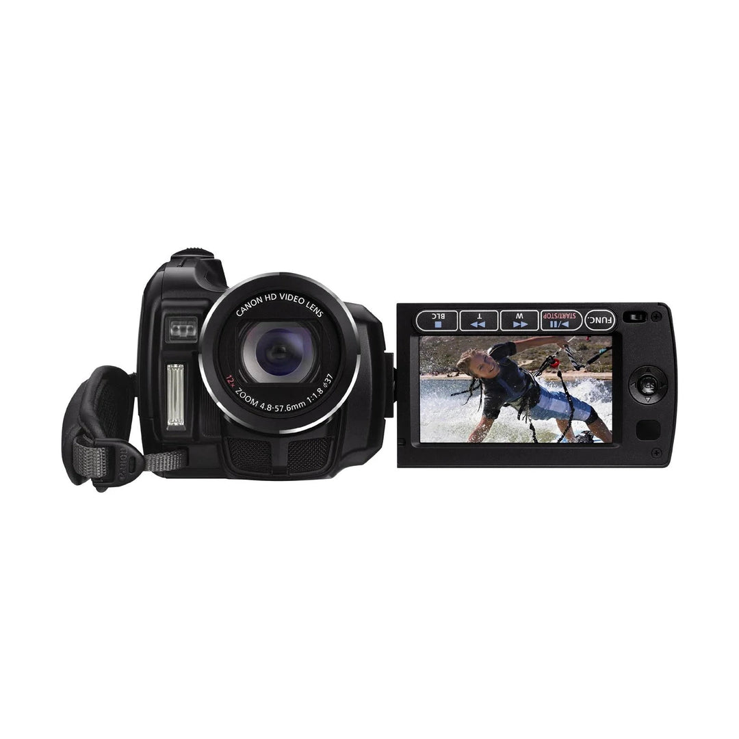 ClubCamera.com Canon VIXIA HG21 camcorder showing multi-angle LCD screen displaying kitesurfing footage with 12x zoom lens
