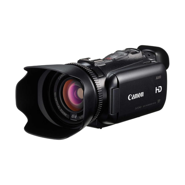 Front three-quarter black Canon XA10 camcorder with 10x optical zoom lens and AVCHD memory by ClubCamera.com