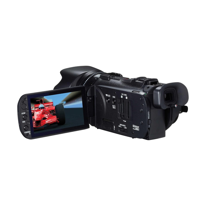 Black Canon XA10 camcorder angled rear side with articulated screen showing F1 footage and SD slot by ClubCamera.com