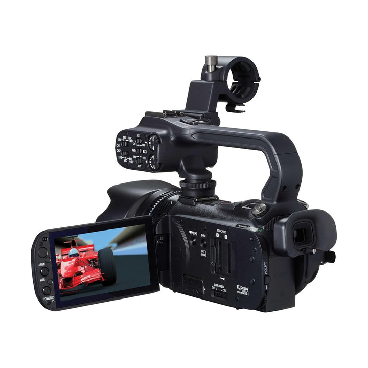 Black Canon XA10 camcorder with top handle and external mic clamp displaying race car footage by ClubCamera.com