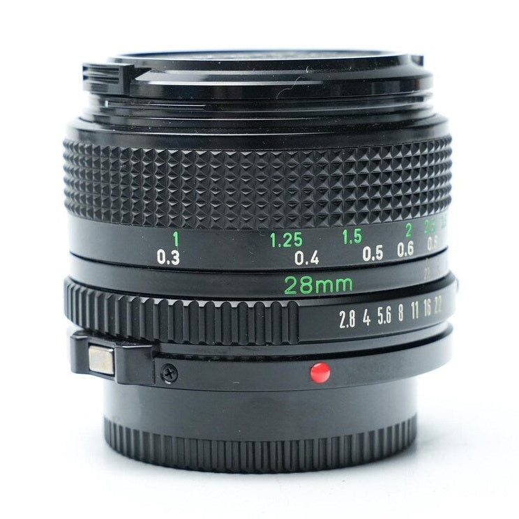 Canon FD 28mm f/2.8 manual focus lens textured grip green scale ClubCamera