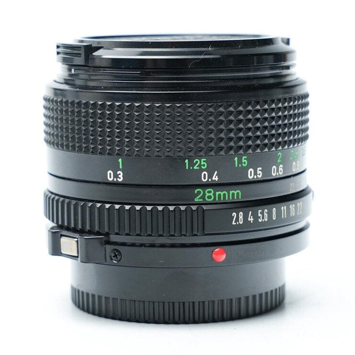Canon FD 28mm f/2.8 manual focus lens textured grip green scale ClubCamera