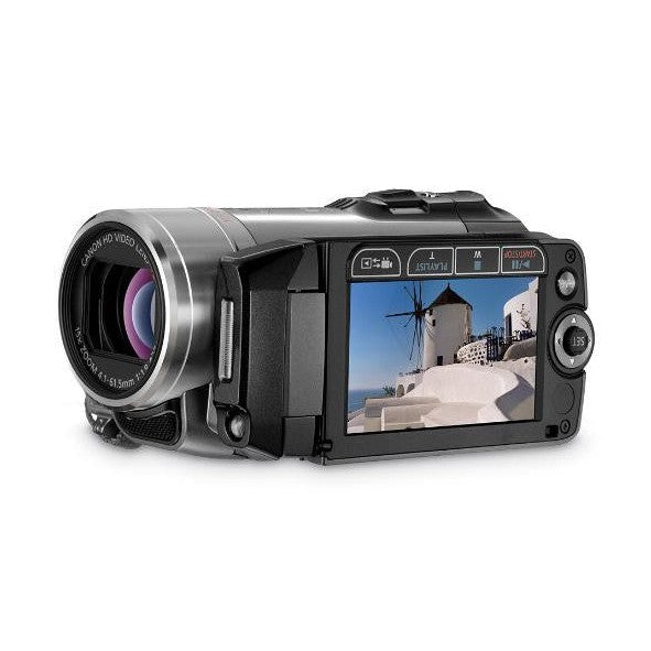ClubCamera.com Canon VIXIA HF200 camcorder angled rear view with flipped LCD screen displaying playback interface and navigation dial