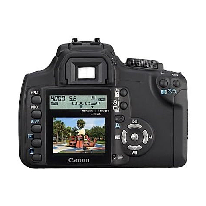 Back view of black Canon Digital Rebel XT DSLR at ClubCamera.com showing active LCD screen with playground scene and settings