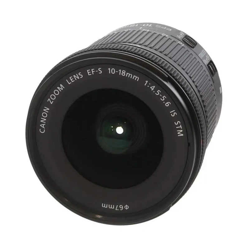 ClubCamera front view of black Canon EF-S 10-18mm ultra-wide zoom lens showing Φ67mm filter thread and engraved specs