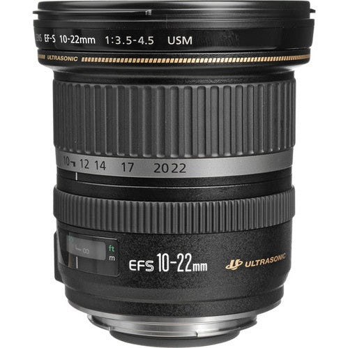 Black Canon EF-S 10-22mm f/3.5-4.5 USM lens showing silver focal length scale and gold ultrasonic logo from ClubCamera.com