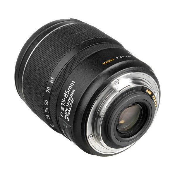 ClubCamera Canon EF-S 15-85mm f/3.5-5.6 IS USM lens three-quarter view with textured focus ring and yellow MACRO label