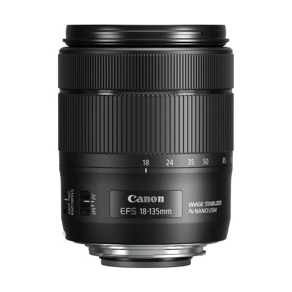 Black Canon EF-S 18-135mm zoom lens side view showing ribbed rings and stabilizer switches at ClubCamera.com