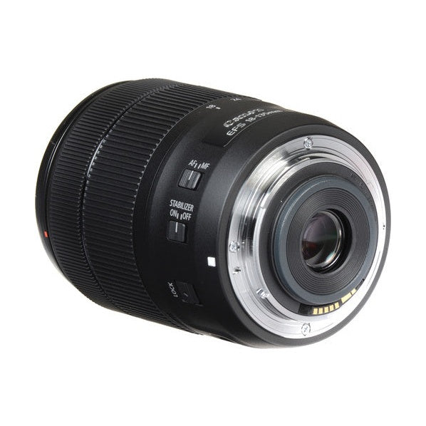 Rear mount view of Canon EF-S 18-135mm lens revealing gold contacts and aperture blades sold by ClubCamera.com