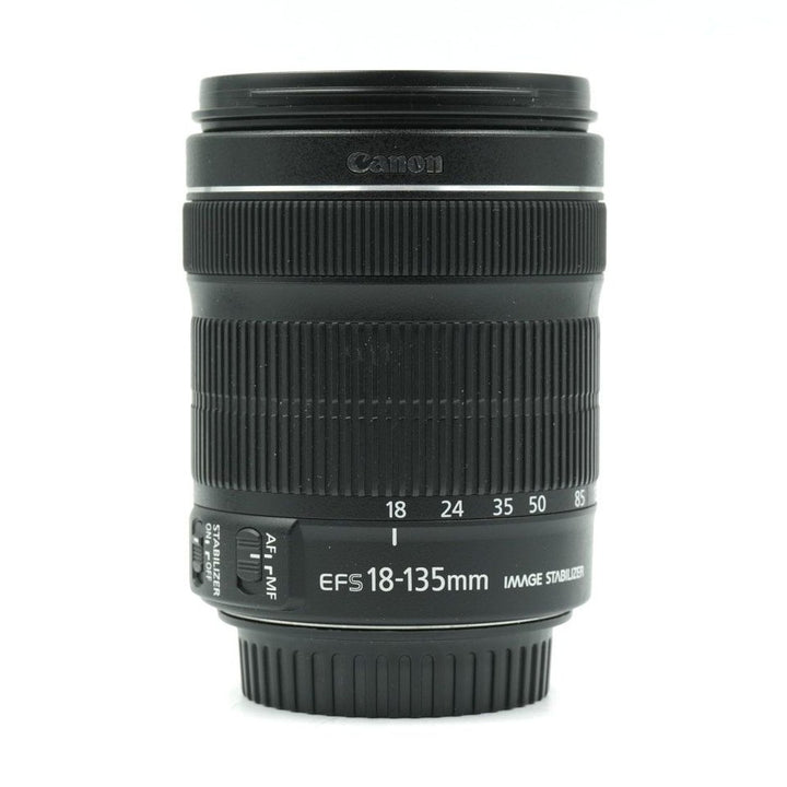 ClubCamera full frontal Canon EF-S 18-135mm lens with AF/MF switch, stabilizer toggle, and focal length scale