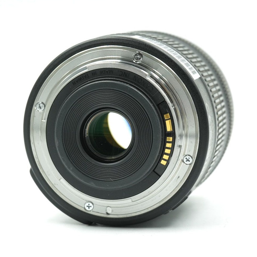 ClubCamera rear view of Canon EF-S 18-135mm lens with gold electrical contacts and metal mount screws