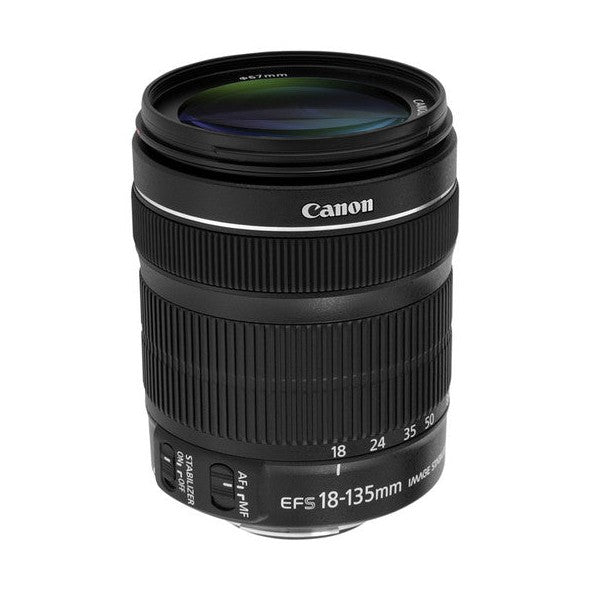 ClubCamera Canon EF-S 18-135mm f/3.5-5.6 IS lens front view with green-blue anti-reflective coating and silver logo