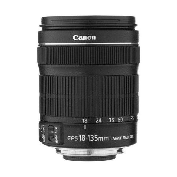 ClubCamera black Canon EF-S 18-135mm zoom lens side profile showing matte finish, ribbed ring, and AF/MF switch