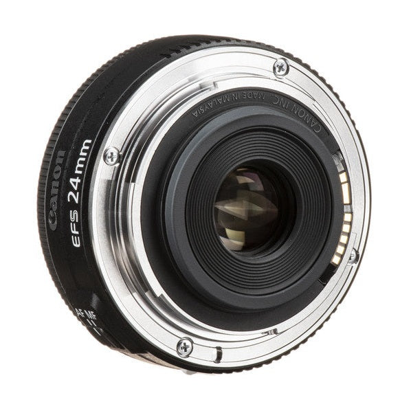 Canon EF-S 24mm f/2.8 STM lens rear view with silver metal mount ring and focus ring at ClubCamera.com