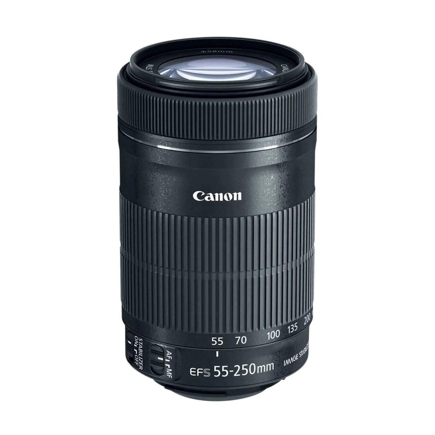 Top-down angled shot of black Canon EF-S 55-250mm lens showing blue anti-reflective glass element and compact cylindrical form at ClubCamera.com