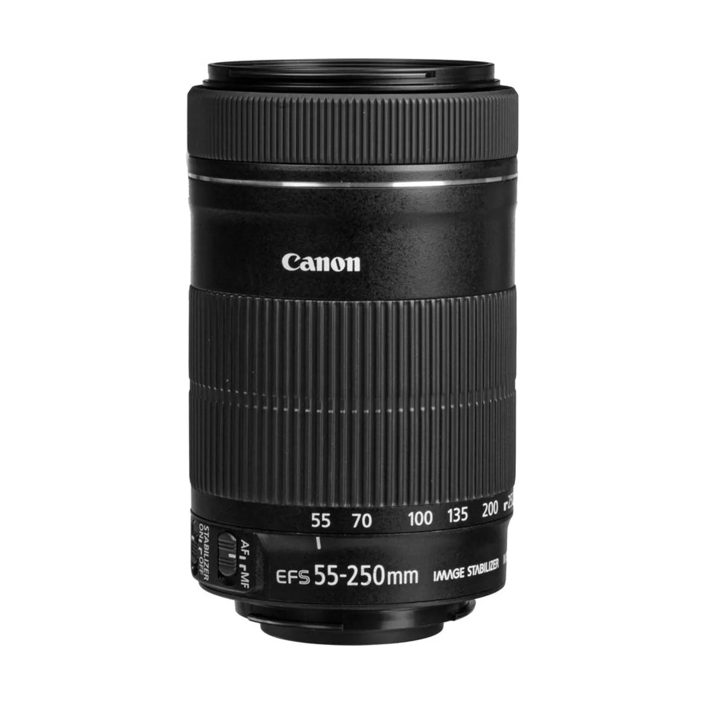 Canon EF-S 55-250mm f/4-5.6 IS STM telephoto lens front view with matte black finish and white Canon logo at ClubCamera.com