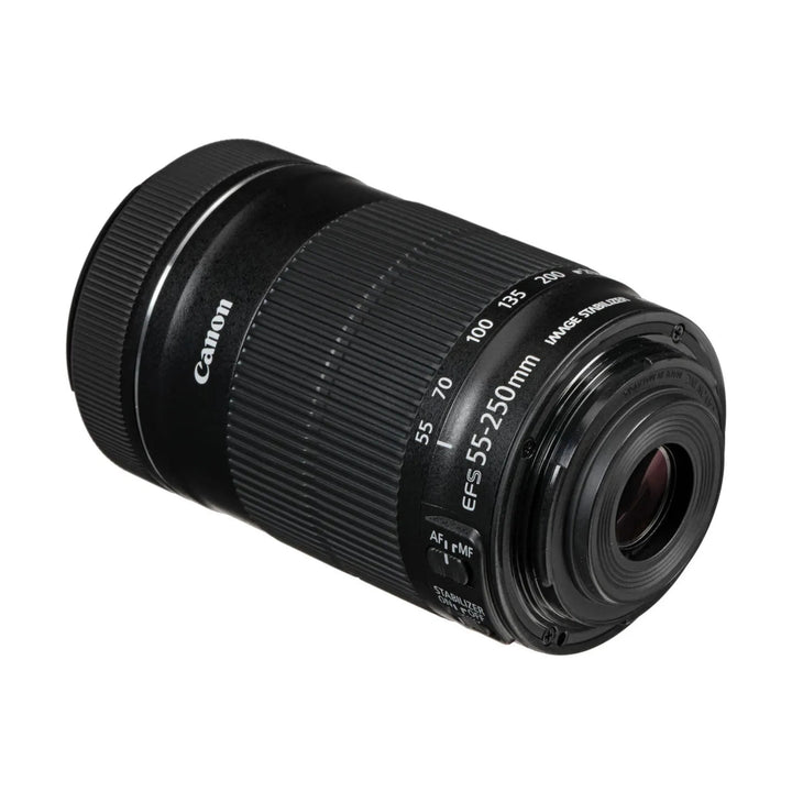 Rear-angle view of Canon EF-S 55-250mm f/4-5.6 IS STM lens highlighting metal mount flange, alignment pins, and AF/MF switch at ClubCamera.com