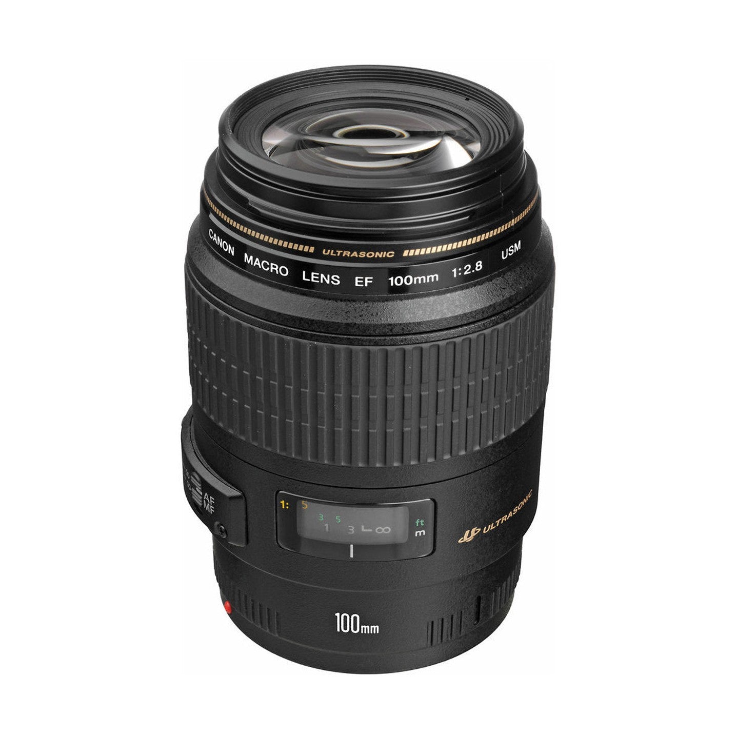 Canon EF 100mm f/2.8 Macro USM lens front view with gold focus scale and Ultrasonic motor logo at ClubCamera.com