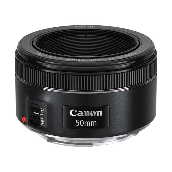 Canon EF 50mm f/1.8 STM lens top view showing φ49mm filter thread and engraved text
