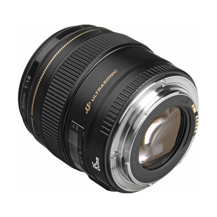 Canon EF 85mm f/1.8 USM portrait lens with textured rubber focus ring and gold ultrasonic branding at ClubCamera.com