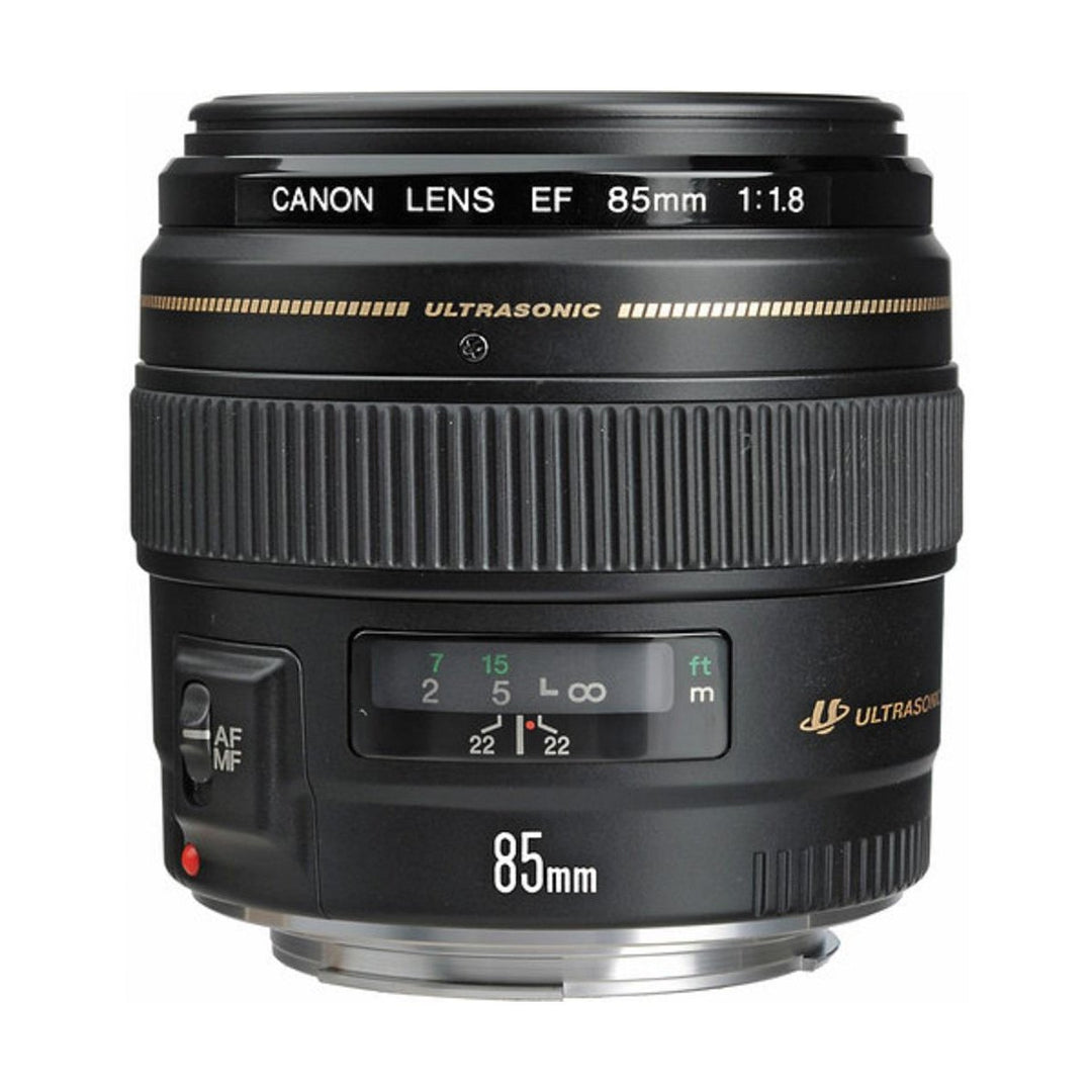Canon EF 85mm f/1.8 USM short telephoto lens with silver mount and white lettering from ClubCamera.com
