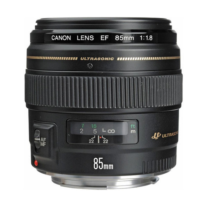 Canon EF 85mm f/1.8 USM short telephoto lens with silver mount and white lettering from ClubCamera.com