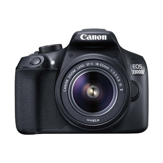 Front view of black Canon EOS 1300D DSLR with purple coated EF-S 18-55mm lens and white logo at ClubCamera.com
