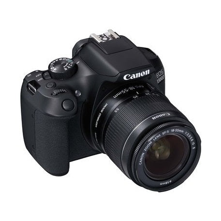 Black Canon EOS 1300D DSLR camera with EF-S 18-55mm lens at ClubCamera.com showing textured grip and top dial