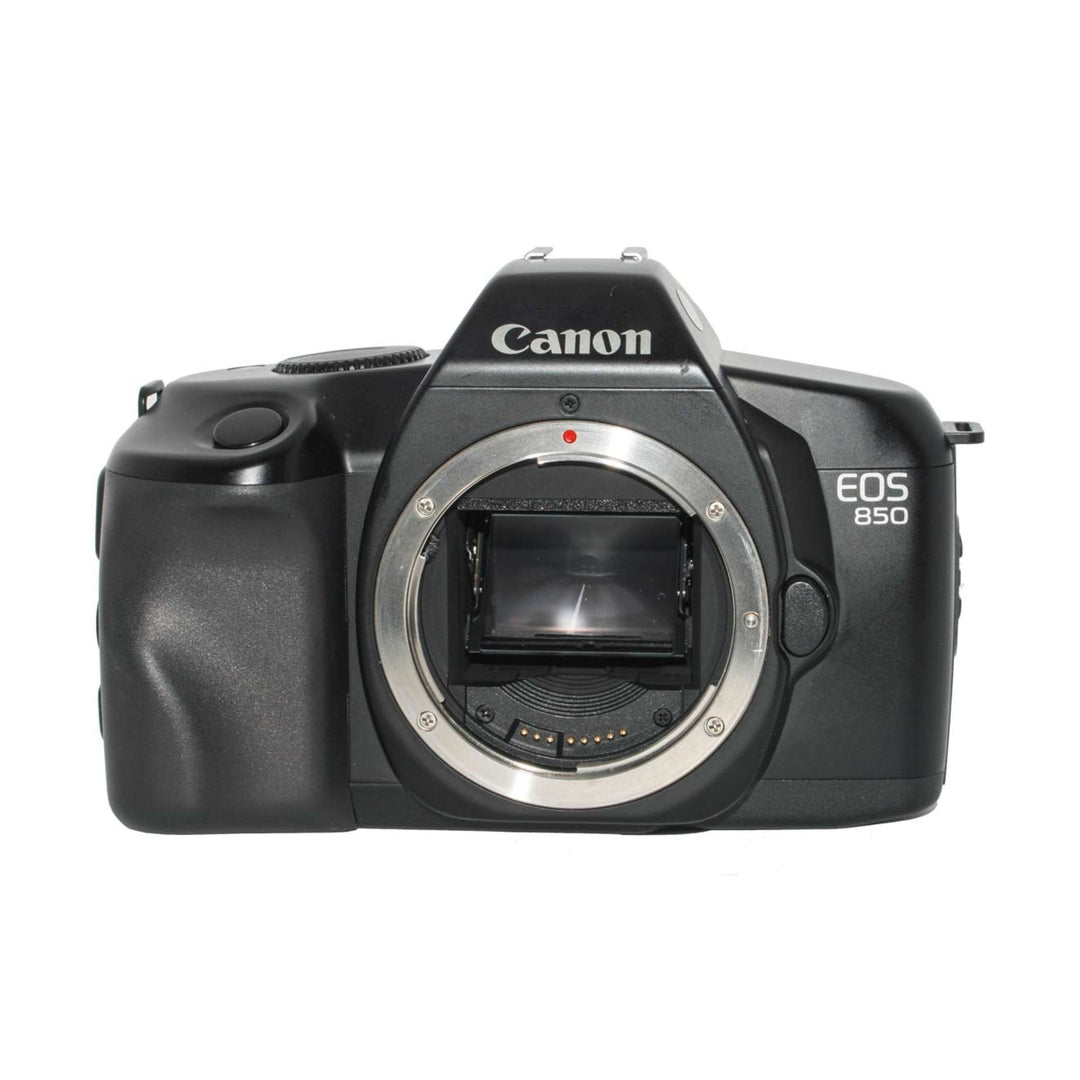 Front-facing black Canon EOS 850 film camera body only displaying silver EF lens mount and red AF assist light at ClubCamera.com