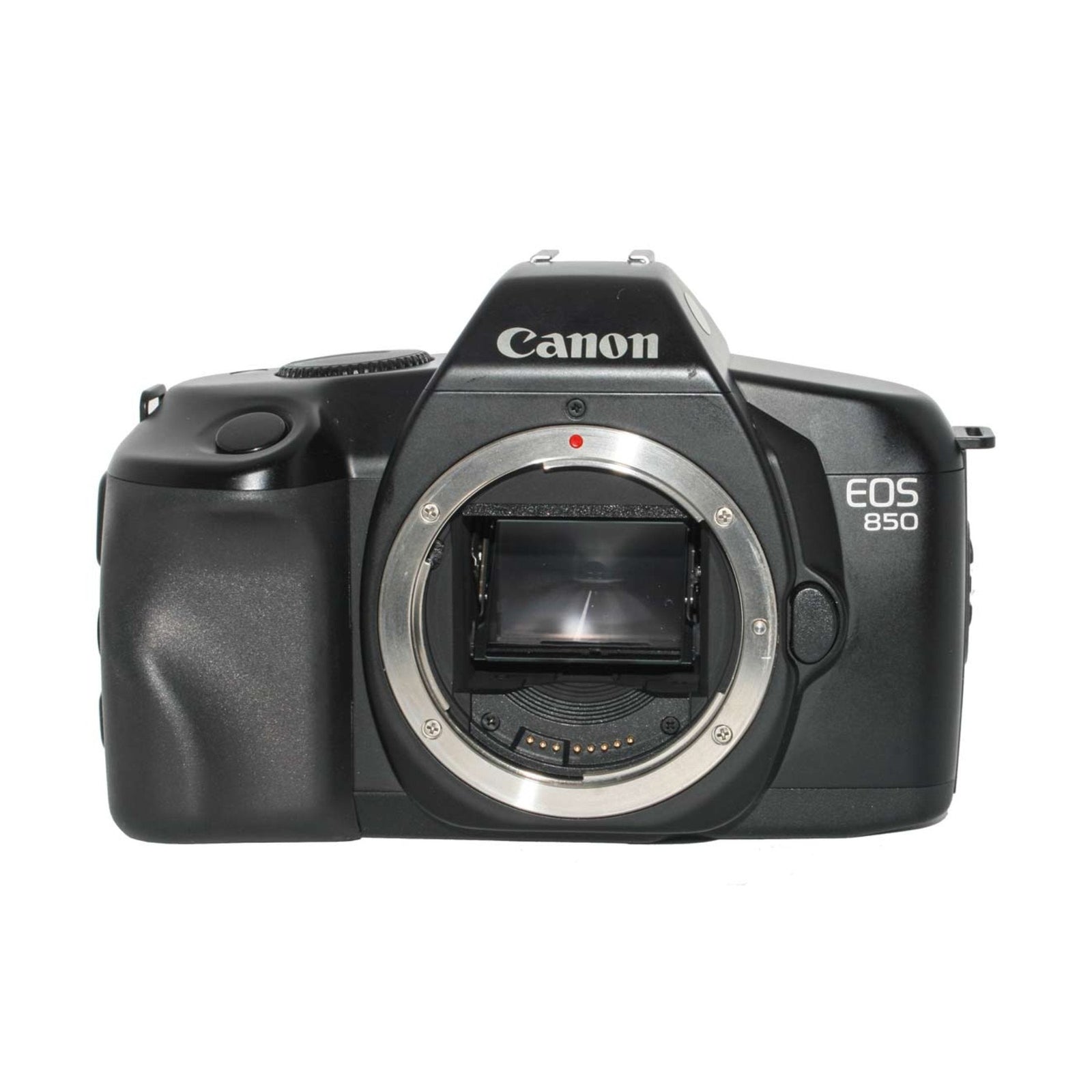 Front-facing black Canon EOS 850 film camera body only displaying silver EF lens mount and red AF assist light at ClubCamera.com