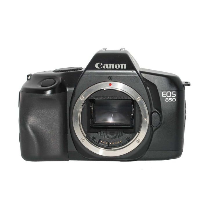 Front-facing black Canon EOS 850 film camera body only displaying silver EF lens mount and red AF assist light at ClubCamera.com