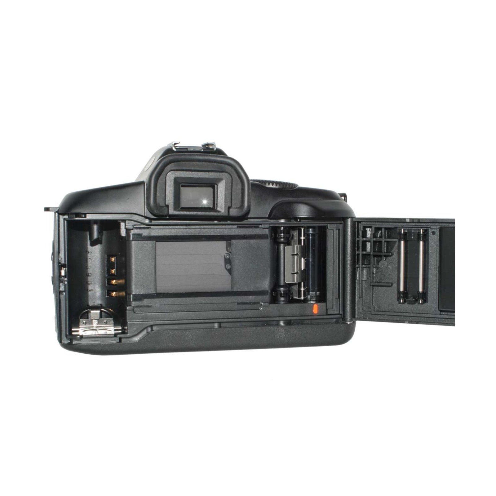 Open back view of black Canon EOS 850 SLR revealing film spools and transport mechanism at ClubCamera.com