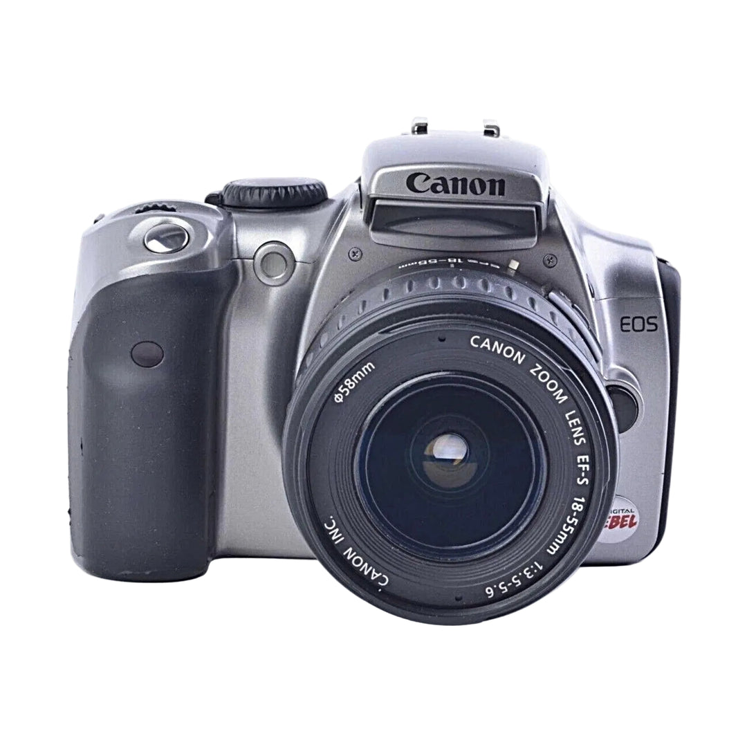 Front silver Canon EOS Digital Rebel 300D DSLR with 18-55mm lens and DIGITAL REBEL sticker from ClubCamera.com
