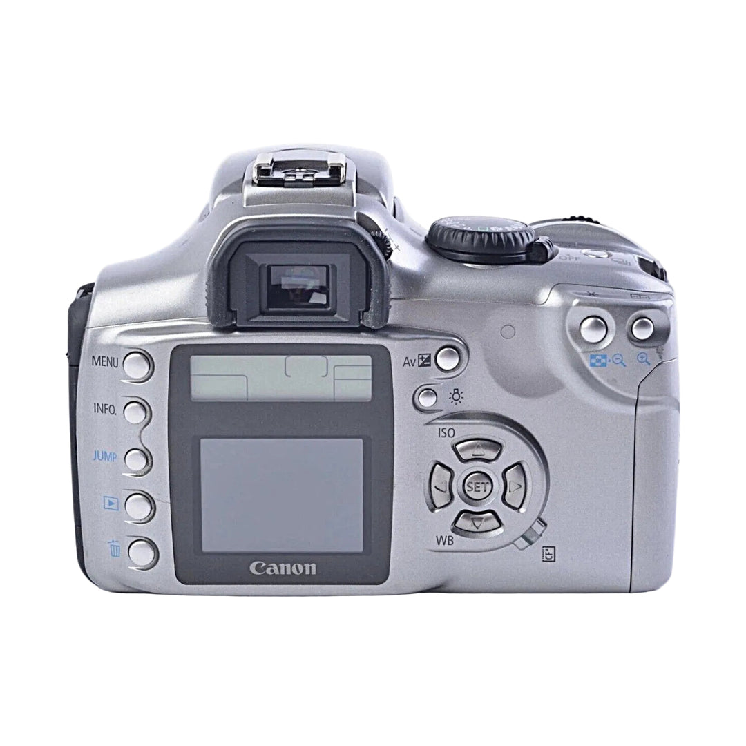Rear view silver Canon EOS Digital Rebel 300D DSLR with LCD screen and control pad at ClubCamera.com