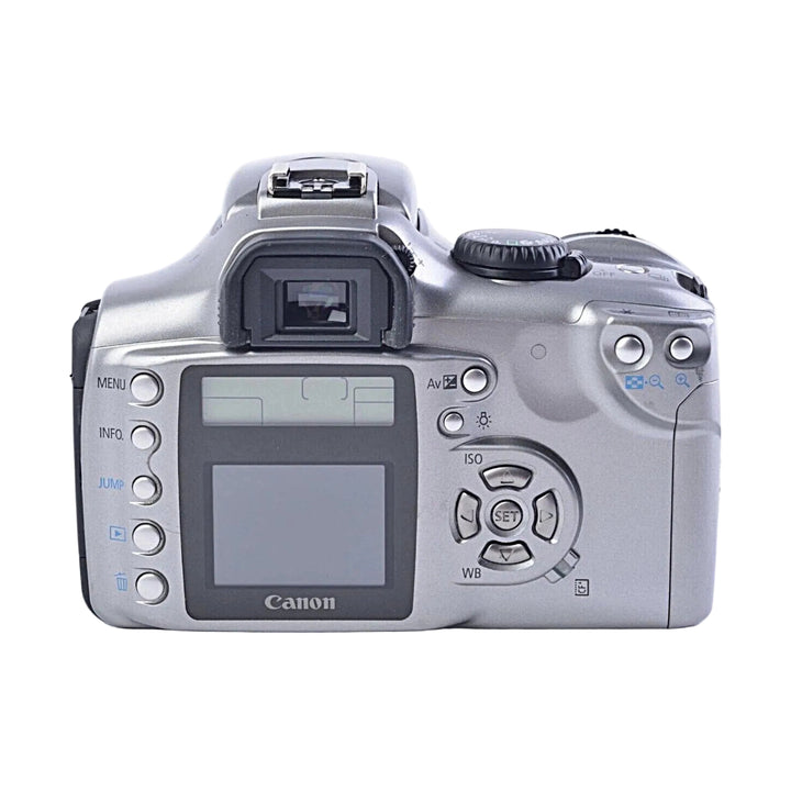 Rear view silver Canon EOS Digital Rebel 300D DSLR with LCD screen and control pad at ClubCamera.com