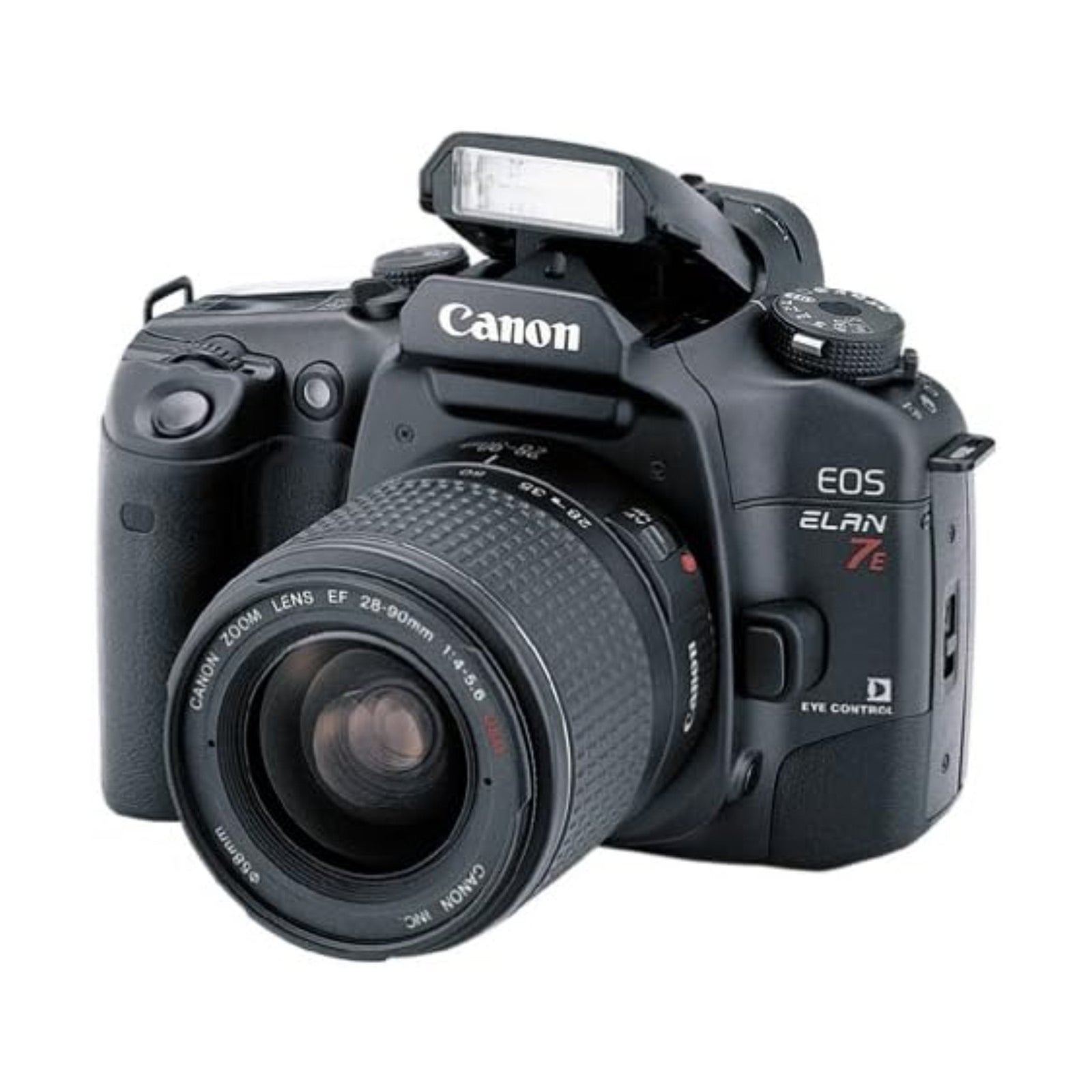 Canon EOS ELAN 7E black SLR film camera with EF 28-90mm lens and raised flash at ClubCamera.com