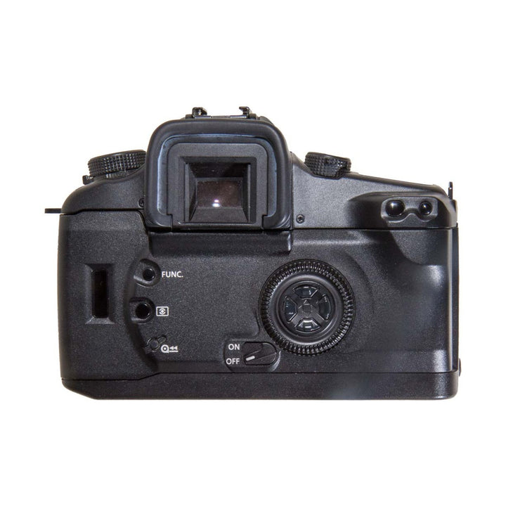 Rear view of black Canon EOS ELAN 7E optical viewfinder and command dial at ClubCamera.com